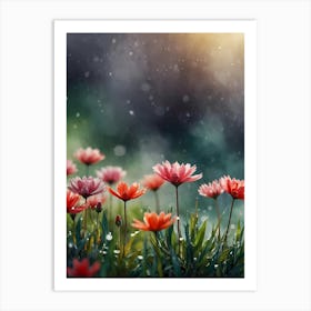 Pink Flowers In The Rain Art Print