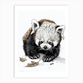 Red Panda Cub Playing With A Fallen Leaf Ink Illustration 3 Art Print