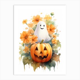 Cute Ghost With Pumpkins Halloween Watercolour 82 Art Print