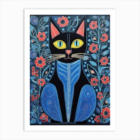 Black Cat With Blue Flowers in Gond Painting Style Art Print