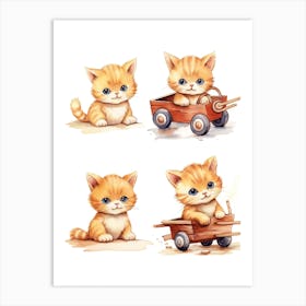 Kitten On Toy Car, Watercolour Nursery 1 Art Print
