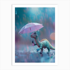 Toy Dinosaur Walking Through The Rain With An Umbrella 1 Art Print