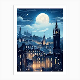 Winter Travel Night Illustration Edinburgh Scotland 1 Art Print
