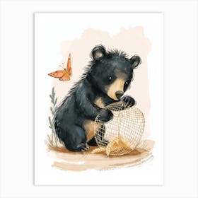 American Black Bear Cub Playing With A Butterfly Storybook Illustration 1 Art Print