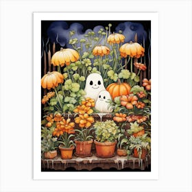 Cute Bedsheet Ghost, Botanical Halloween Watercolour 99 Art Print