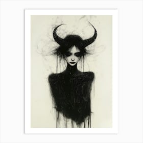 Woman With Horns Gothic Pencil Ink Dark Art Print