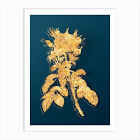 Vintage Lelieur's Four Seasons Rose Botanical in Gold on Teal Blue Art Print