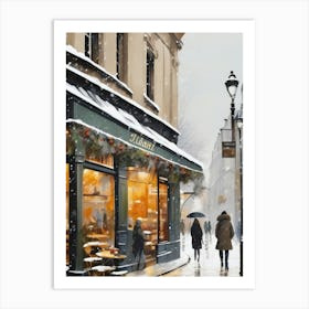 Paris cafes, winter season, Christmas, pale colors, pedestrians in the street, winter clothes, falling snow.10 1 Póster