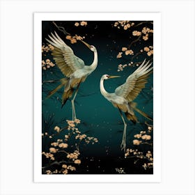 Two Cranes Flying In The Night Art Print