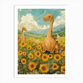 Cute Dinosaurs In A Sunflower Field Art Print