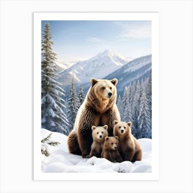 Capturing The Serene Portrait Of A Mother Bear Cradling Her Cubs Amidst A Snowy Alpine Forest Evoki Art Print