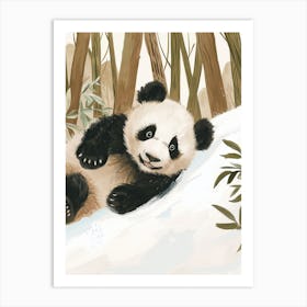 Giant Panda Cub Sliding Down A Snowy Hill Storybook Illustration 3 Art Print