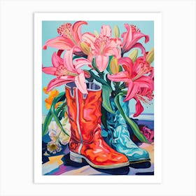 Oil Painting Of Pink And Red Flowers And Cowboy Boots, Oil Style 3 Art Print