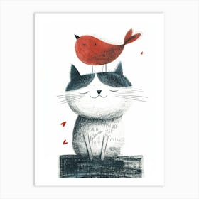 Cute Cat With Bird 1 Art Print