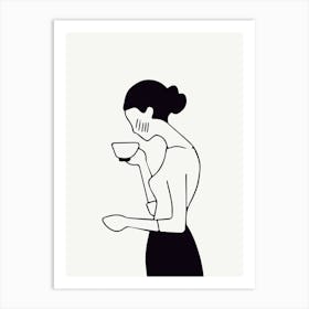 Black And White Drawing Of A Woman Drinking Coffee Fashion Monoline Art Print
