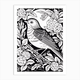 B&W Bird Linocut Robin 2 Art Print
