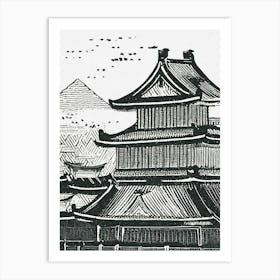 Asian Pagoda Linocut Art Print