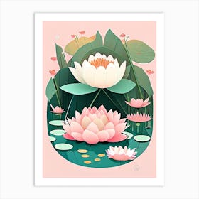 Blooming Lotus Flower In Pond Scandi Cartoon 2 Art Print