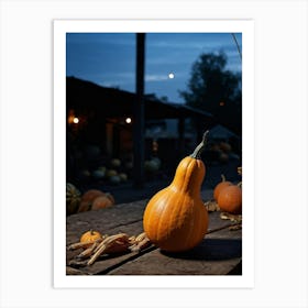 A Gourd Carefully Resting On A Weathered Wooden Table Settingfootprint In The Cement Market Under (6) Art Print