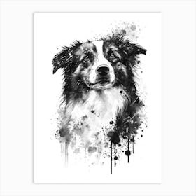 Cute Australian Shepherd Black Ink Portrait Art Print