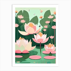 Lotus Flowers In Park Scandi Cartoon 1 Art Print