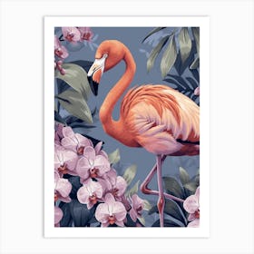 Lesser Flamingo And Orchids Minimalist Illustration 2 Art Print