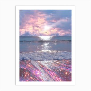 Sunset Beach Clouds Glitter Hollographic Art Print