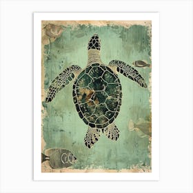 Sea Turtle & Fish Vintage Wallpaper Style Art Print