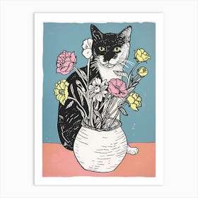 Cute Black And White Cat With Flowers Illustration 3 Art Print