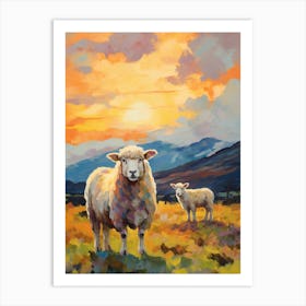Scottish Highland Sheep In The Sunset Impressionism Style Art Print