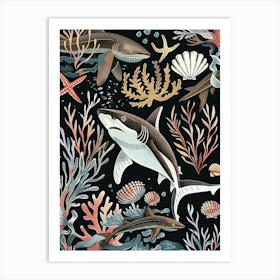 White Tip Reef Shark Seascape Black Background Illustration 1 Art Print