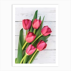 Red Tulips On A Wooden Background Art Print