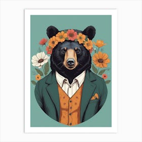Floral Black Bear Portrait In A Suit (10) Art Print