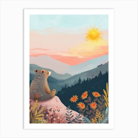Sloth Bear Looking At A Sunset From A Mountaintop Storybook Illustration 4 Art Print