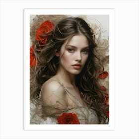 Portrait Of A Woman With Red Roses Art Print