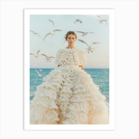 "Captivating Beach Portrait: Woman and Seagulls" Art Print