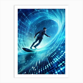 A Businessman In A Suit Surfing On A Wave Of Binary Code Inside A Futuristic Tunnel Art Print