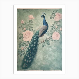Turquoise Peacock With Roses Cyanotype Inspired  2 Art Print
