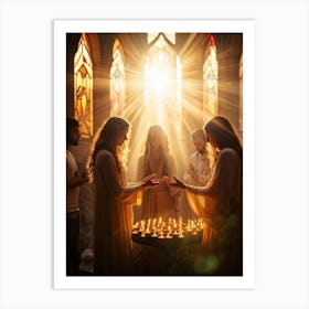 Candlelight Vigil During Spiritual Celebration Rays Of Soft Golden Light Breaking Through Stained G (4) Art Print