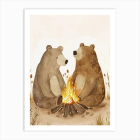 Two Sloth Bears Sitting Together By A Campfire Storybook Illustration 3 Art Print