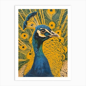 Blue Mustard Peacock Linocut Inspired 1 Art Print