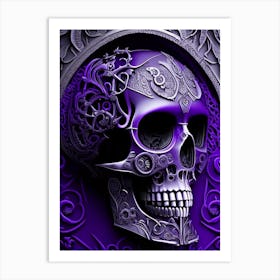 Skull With Steampunk Details 3 Purple Linocut Art Print
