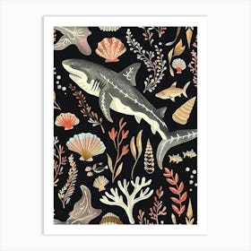 Shark Seascape Black Background Illustration 2 Art Print