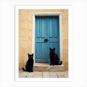 Two Cats In Front Of A Blue Door Art Print