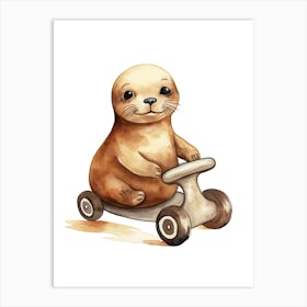 Baby Seal On A Toy Car, Watercolour Nursery 0 Art Print