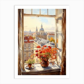 Window View Of Vilnius Lithuania In Autumn Fall, Watercolour 1 Art Print