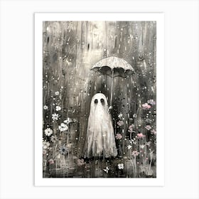 The Little Ghost Smiling in the Rain Illustration | Ghost Art Print Holding an Umbrella | Ghostly Spooky Cute Halloween Cottagecore in HD Art Print