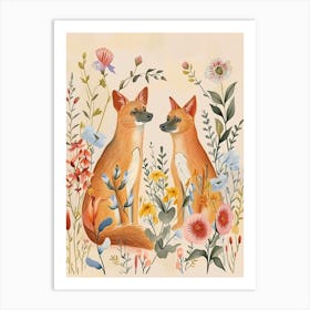 Folksy Floral Animal Drawing Coyote Art Print