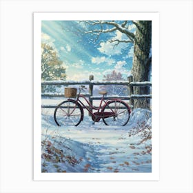 Anime Canvas Art: Serene Winter Scene with Vintage Bicycle and Falling Snow, Perfect for Lofi Aesthetic and Nature Lovers. Art Print