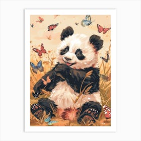 Giant Panda Cub Playing With Butterflies Storybook Illustration 2 Art Print
